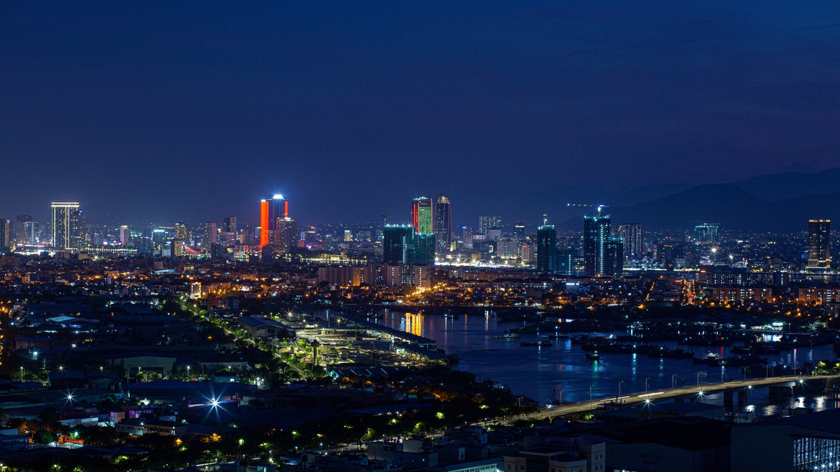 Danang at night is sparkling like anime seen from Son Tra peninsula