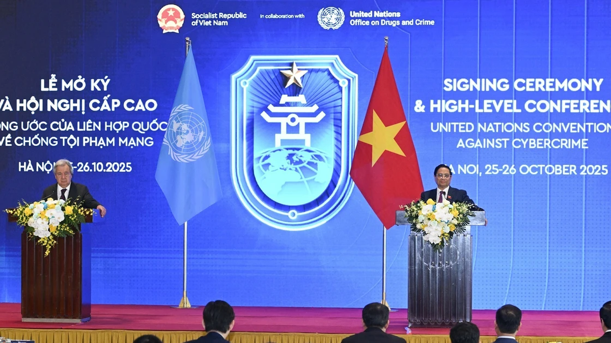 [Ảnh] Thủ tướng Phạm Minh Chính và Tổng Thư ký Liên hợp quốc Antonio Guterres dự Họp báo Lễ mở ký Công ước Hà Nội