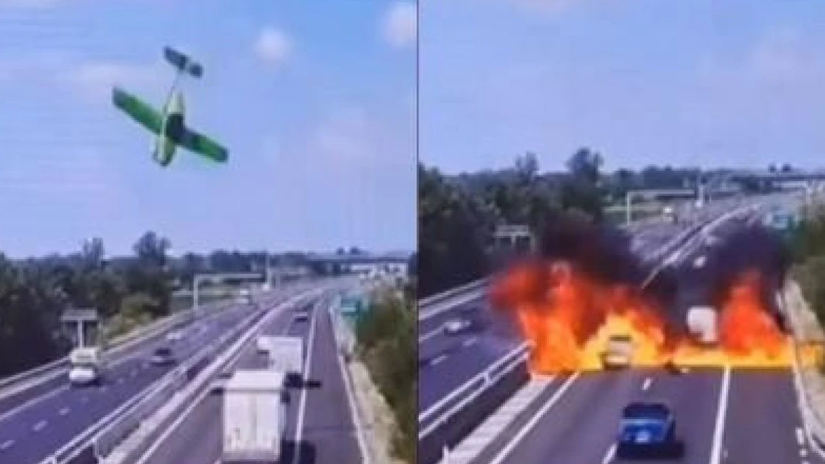 イタリアの高速道路に飛行機が墜落する恐ろしい瞬間