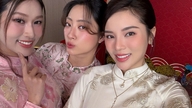 Luong Thuy Linh ja muut kauneuskuningattaret esittelevät säteilevää kauneuttaan perinteisissä ao dai -mekoissa Tetin lähestyessä.