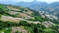 Musim hujan di sawah padi teres Hoàng Su Phì, tempat yang indah.