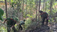 A polícia local de Hue enfrenta as intempéries para extinguir um incêndio florestal.