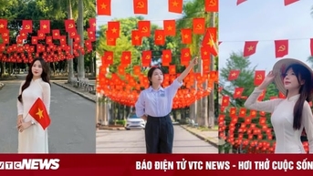 Bạn trẻ chụp ảnh cùng cờ Tổ quốc lan tỏa tình yêu đất nước