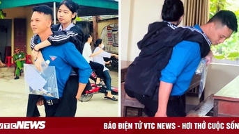 Xúc động cảnh thí sinh khuyết tật được cõng vào phòng thi lớp 10 tại Nghệ An