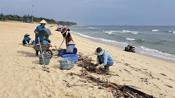 Rác trôi nằm la liệt ở bãi biển Quảng Bình, lực lượng chức năng rốt ráo thu gom