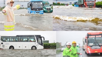 Căng mình điều tiết phương tiện qua vùng ngập trên cao tốc Pháp Vân