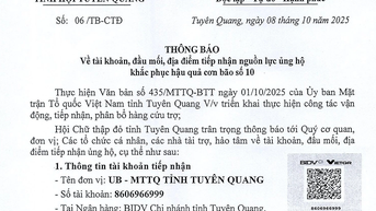 Hội Chữ thập đỏ tỉnh Tuyên Quang thông báo tiếp nhận ủng hộ khắc phục hậu quả bão số 10
