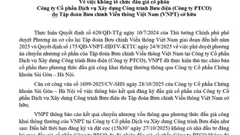 Thông báo về việc không tổ chức đấu giá cổ phần tại Công ty PTCO