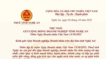 Trưởng Thuế tỉnh Nghệ An gửi Thư chúc mừng đến cộng đồng doanh nghiệp nhân ngày Doanh nhân Việt Nam