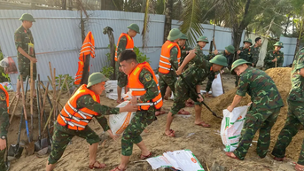 Hơn 100 cán bộ, chiến sĩ Trung đoàn 971 nỗ lực gia cố bờ kè An Bàng