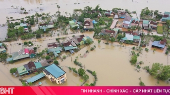 Cảnh ngập lụt vùng hạ du hồ Kẻ Gỗ nhìn từ trên cao