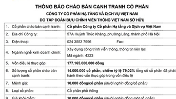 Thông báo chào bán cạnh tranh cổ phần tại Công ty CP Hạ tầng và Dịch vụ Việt Nam