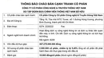 Thông báo chào bán cạnh tranh cổ phần tại Công ty CP Công nghệ và Truyền thông Việt Nam