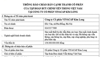 Thông báo chào bán cạnh tranh cổ phần tại Công ty CP VINACAP Kim Long