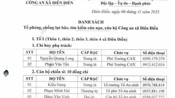 Danh sách Tổ phòng, chống lụt bão, tìm kiếm cứu nạn, cứu hộ Công an xã Diên Điền
