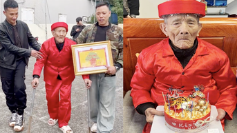 Cụ ông 112 tuổi chống gậy nhận chúc thọ, bạn trẻ rần rần 'xin vía'