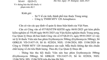 Thu hồi lô thuốc Erythromycin không đạt chất lượng