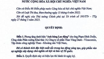 Quảng Ninh có thêm 1 cá nhân được phong tặng Anh hùng Lao động