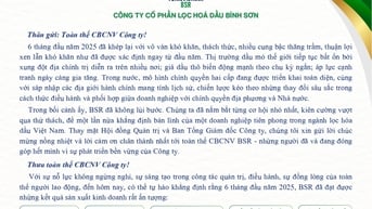Thư chúc mừng của Chủ tịch HĐQT và Tổng Giám đốc nhân dịp BSR hoàn thành kế hoạch SXKD 6 tháng đầu năm