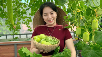 Khu vườn 30 m² xanh mướt với nhiều rau trái sạch của một phụ nữ xinh đẹp