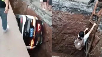 Taxi tự lái rơi xuống hố sâu 3m khi đang chạy, cô gái hoảng loạn thoát thân