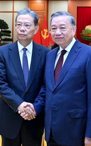 [Ảnh] Tổng Bí thư Tô Lâm tiếp Ủy viên trưởng Nhân đại toàn quốc Trung Quốc Triệu Lạc Tế