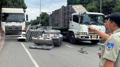 Toneladas de paletas de hierro en un remolque de tractor cayeron a la carretera en Binh Duong
