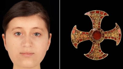 Rekonstruktion des Gesichts eines 1300 Jahre alten Mädchens mit goldenem Kreuz