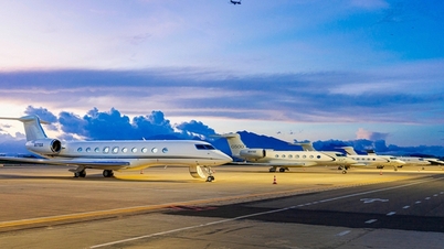 Close-up of a series of super luxury planes carrying 50 world billionaires just landed at Da Nang airport