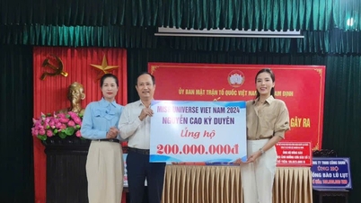 Hoa hậu Kỳ Duyên về quê Nam Định trao tiền giúp đỡ đồng bào bị thiên tai