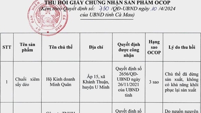 Cà Mau thu hồi 2 giấy chứng nhận sản phẩm OCOP 3 sao