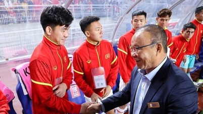 韓国チームとの親善試合を前にベトナムチームを激励するためにピッチに下りるパク・ハンソ監督の画像
