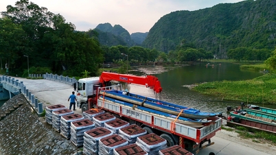 Transport av motorbåter og turistbåter til Tam Coc for nødhjelp i flomrammede områder i Thai Nguyen