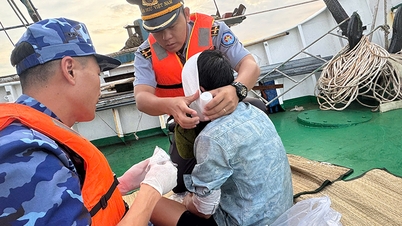 O navio de vigilância pesqueira KN-201 resgatou prontamente um pescador gravemente ferido no mar.
