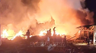 Controlling the fire at the wood factory at night in Lam Dong
