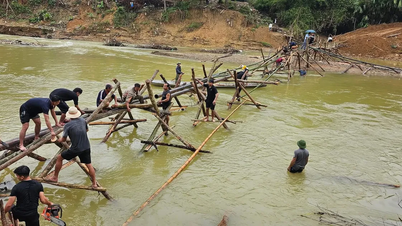 Jembatan Trung Thang tersapu banjir, ratusan orang sibuk membangun jembatan sementara dari bambu.