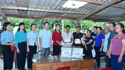 Wakil Sekretaris Tetap Komite Partai Provinsi Nong Thi Bich Hue menyerahkan dukungan kepada rumah tangga yang terkena dampak kerusakan di komune Na Hang.