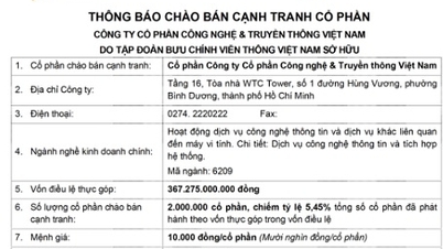 Értesítés a Vietnam Technology and Communications Joint Stock Company részvényeinek versenytárgyalásáról