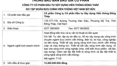 Értesítés a Dong Thap Távközlési Építőipari Befektetési Részvénytársaság részvényeinek árveréséről