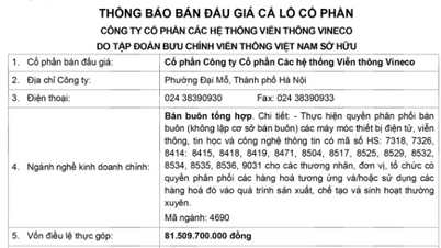 Thông báo bán đấu giá cả lô cổ phần tại Công ty CP các Hệ thống Viễn thông VINECO