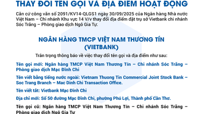 Vietbank, Mac Dinh Chi İşlem Ofisi'nin adını ve yerini değiştirdiğini duyurdu