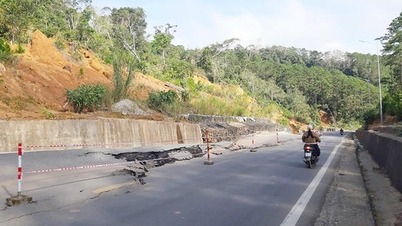 Serious landslides deform the road surface on National Highway 24 through Mang Den