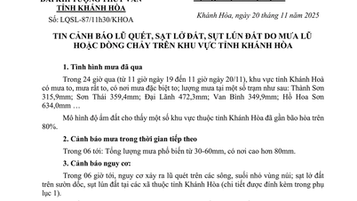 Warning of flash floods, landslides, land subsidence or water flow in Khanh Hoa province (news at 11:30 on November 20)