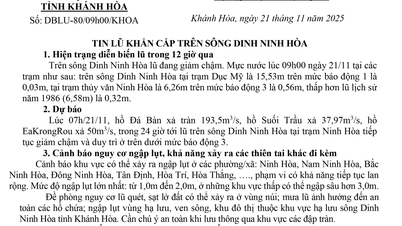 Nødnyheter om flom ved Dinh Ninh Hoa-elven (sendt kl. 09.00 den 21. november)