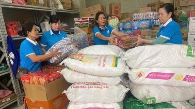 Para wanita Hanoi bekerja sepanjang malam untuk membungkus banh chung dan membagikannya kepada orang-orang di wilayah Dataran Tinggi Tengah dan Tengah.