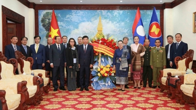 Leiders van het ministerie van Buitenlandse Zaken feliciteren de Laotiaanse ambassade in Vietnam ter gelegenheid van de nationale feestdag