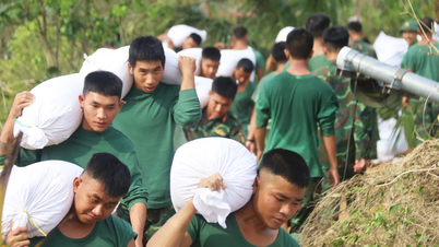 Ακούγοντας τα νέα της καταιγίδας Κότο, οι στρατιώτες «τρέχουν» για να συνδέσουν το ανάχωμα στα κατάντη του ποταμού Χα Ταν.