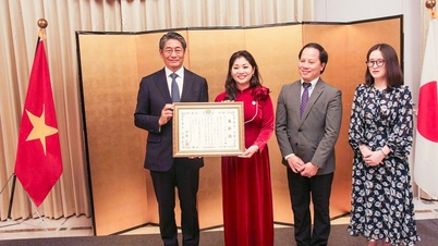 Директор Департамента международного сотрудничества Нгуен Фуонг Хоа получает благодарственную грамоту от посла Японии.