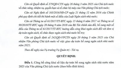 Văn phòng Chủ tịch nước công bố công khai điều chỉnh dự toán bổ sung ngân sách nhà nước năm 2025
