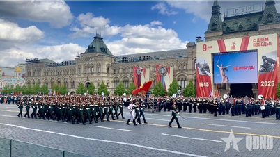Close-up of the Vietnamese Army bloc passing through Red Square to rehearse the Russian military parade